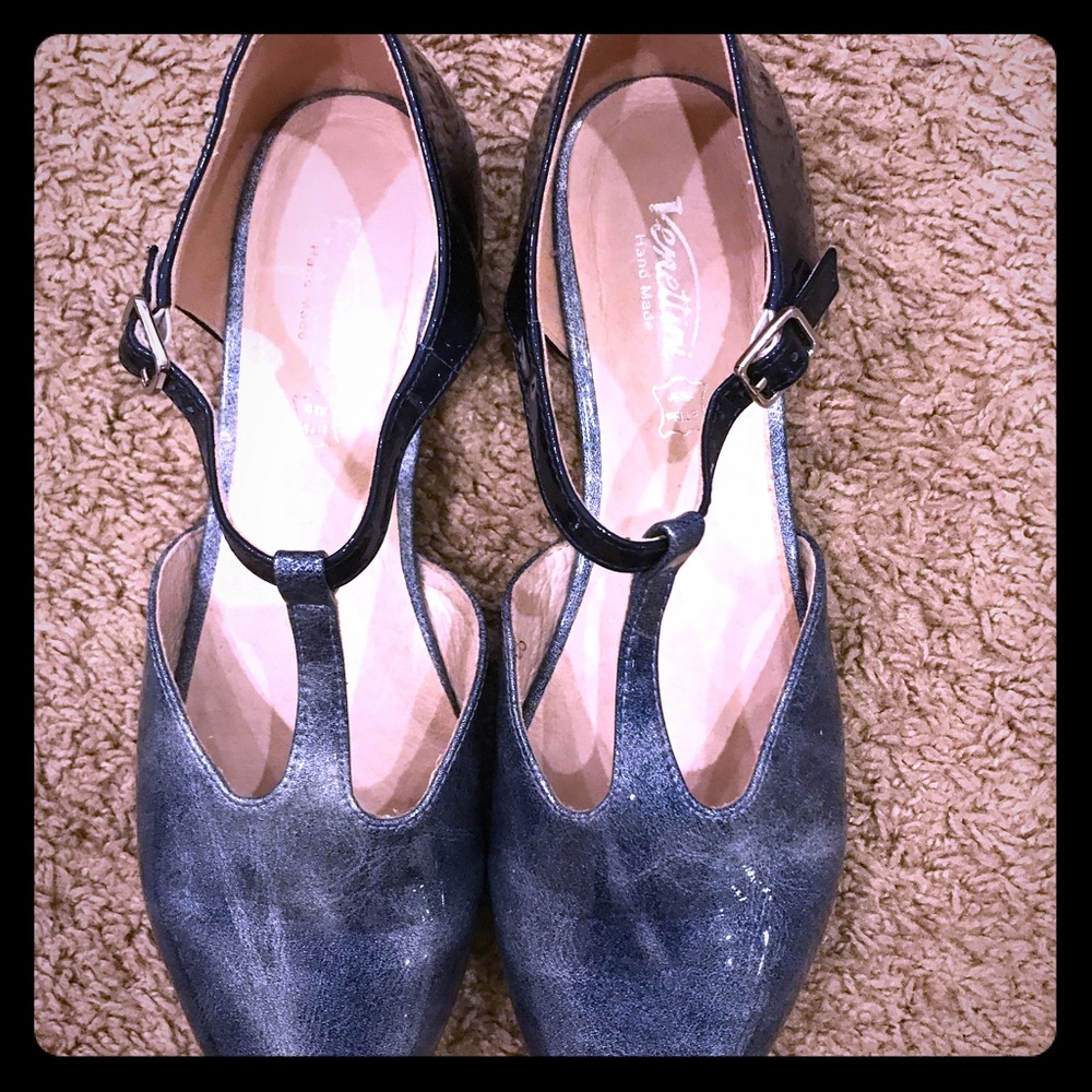 Venettini T-Strap patent Blue Shoes for big girls.